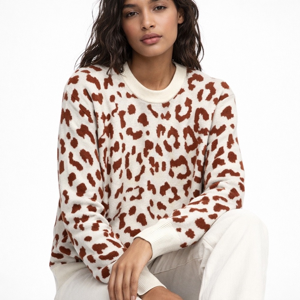 Daily Ritual Womens Medium Leopard Print Crewneck‎ Pullover Sweater Knit Top